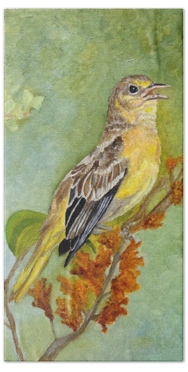 Oriole Hand Towel featuring the painting Singing Your Heart Out by Angeles M Pomata