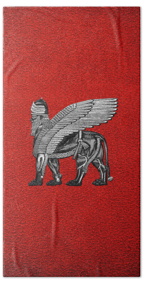 Treasures Of Mesopotamia Collection By Serge Averbukh Bath Towel featuring the digital art Assyrian Winged Lion - Silver and Black Lamassu over Red Leather by Serge Averbukh