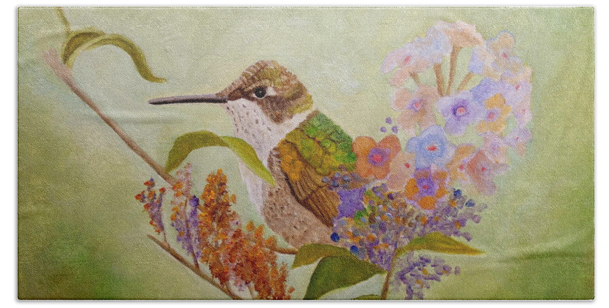 Hummingbird Bath Towel featuring the painting Ruby Sweetheart by Angeles M Pomata