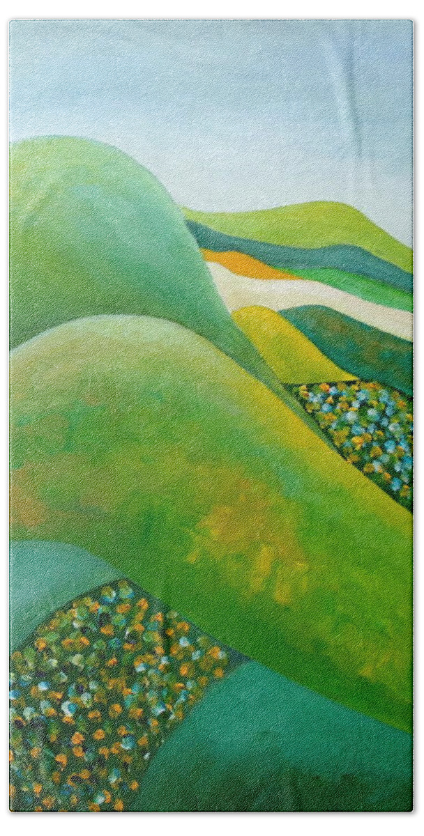 Landscape Bath Towel featuring the painting Stilling Hills by Angeles M Pomata