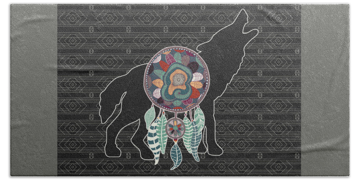 Wolf Bath Towel featuring the digital art Wolf Native American Animal Spirit Dream Catcher by Doreen Erhardt