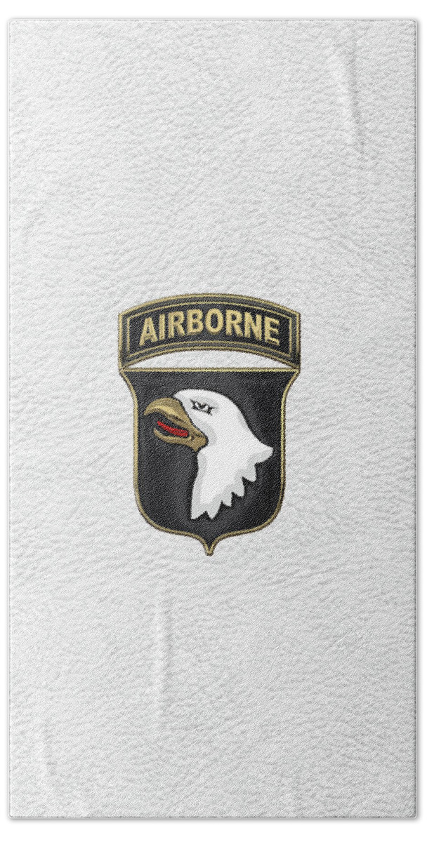 Military Insignia & Heraldry By Serge Averbukh Bath Towel featuring the digital art 101st Airborne Division - 101st A B N Insignia over White Leather by Serge Averbukh