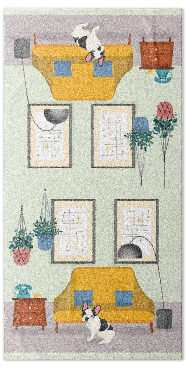 Retro Bath Towel featuring the painting Hanging Plants And A French Bulldog In A Midcentury Interior by Little Bunny Sunshine