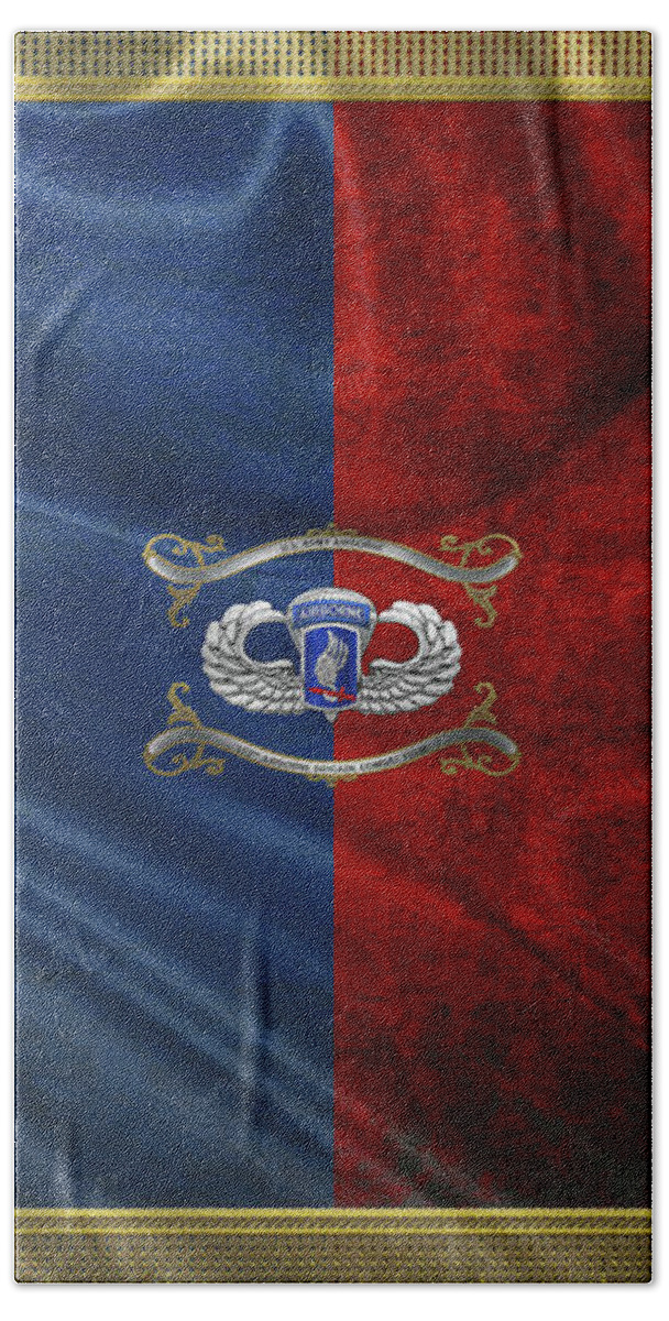 Military Insignia & Heraldry By Serge Averbukh Bath Towel featuring the digital art 173rd Airborne Brigade Combat Team - 173rd A B C T Insignia with Parachutist Badge over Flag by Serge Averbukh