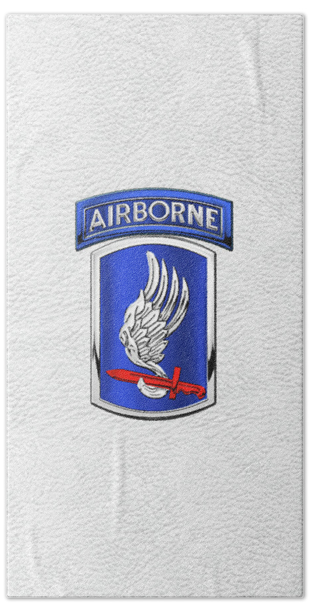 Military Insignia & Heraldry By Serge Averbukh Bath Towel featuring the digital art 173rd Airborne Brigade Combat Team - 173rd A B C T Insignia over White Leather by Serge Averbukh