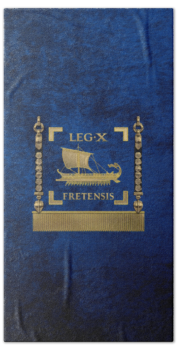 ‘rome’ Collection By Serge Averbukh Bath Towel featuring the digital art Trireme Standard of the 10th Legion of the Strait - Blue Vexilloid of Legio X Fretensis by Serge Averbukh