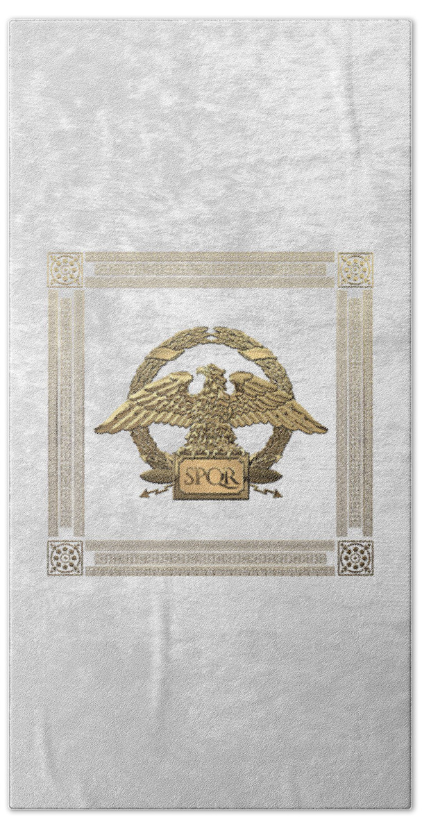 ‘treasures Of Rome’ Collection By Serge Averbukh Bath Towel featuring the digital art Roman Empire - Gold Roman Imperial Eagle over White Velvet by Serge Averbukh