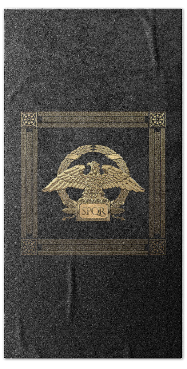 ‘treasures Of Rome’ Collection By Serge Averbukh Bath Towel featuring the digital art Roman Empire - Gold Roman Imperial Eagle over Black Velvet by Serge Averbukh