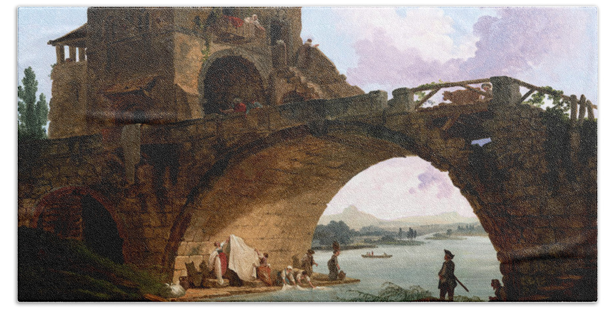 The Ponte Salario Bath Towel featuring the painting The Ponte Salario by Hubert Robert by Rolando Burbon
