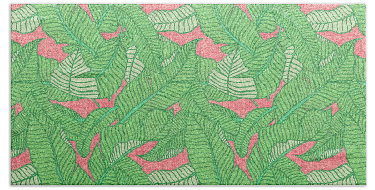 Banana Leaf Bath Towel featuring the painting Banana Leaf Pattern Pink by Jen Montgomery