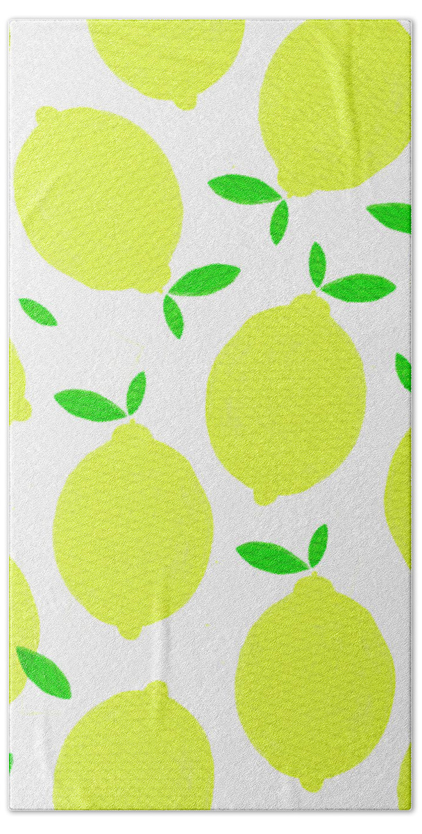 Lemons Bath Towel featuring the painting Sunny Lemon Pattern by Jen Montgomery