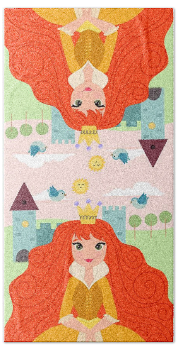 Painting Bath Towel featuring the painting Fairy Tale Princess In A Golden Dress And Her Storybook Castle by Little Bunny Sunshine