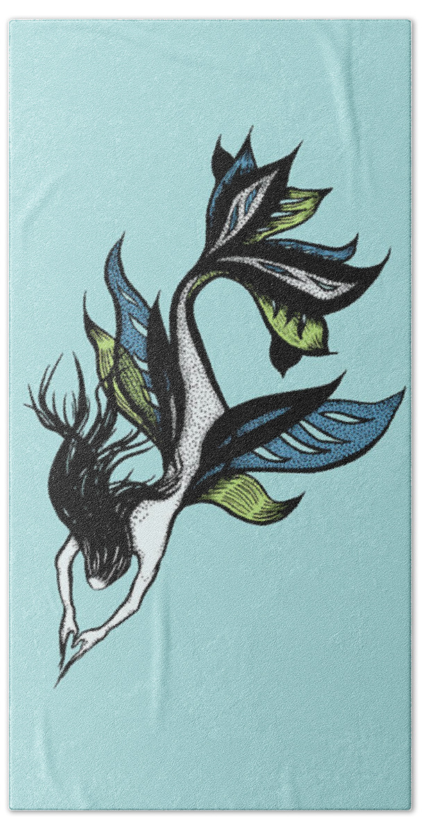 Siren Bath Towel featuring the drawing Beautiful Mermaid Drawn Tattoo Style In Black Blue Green by Boriana Giormova