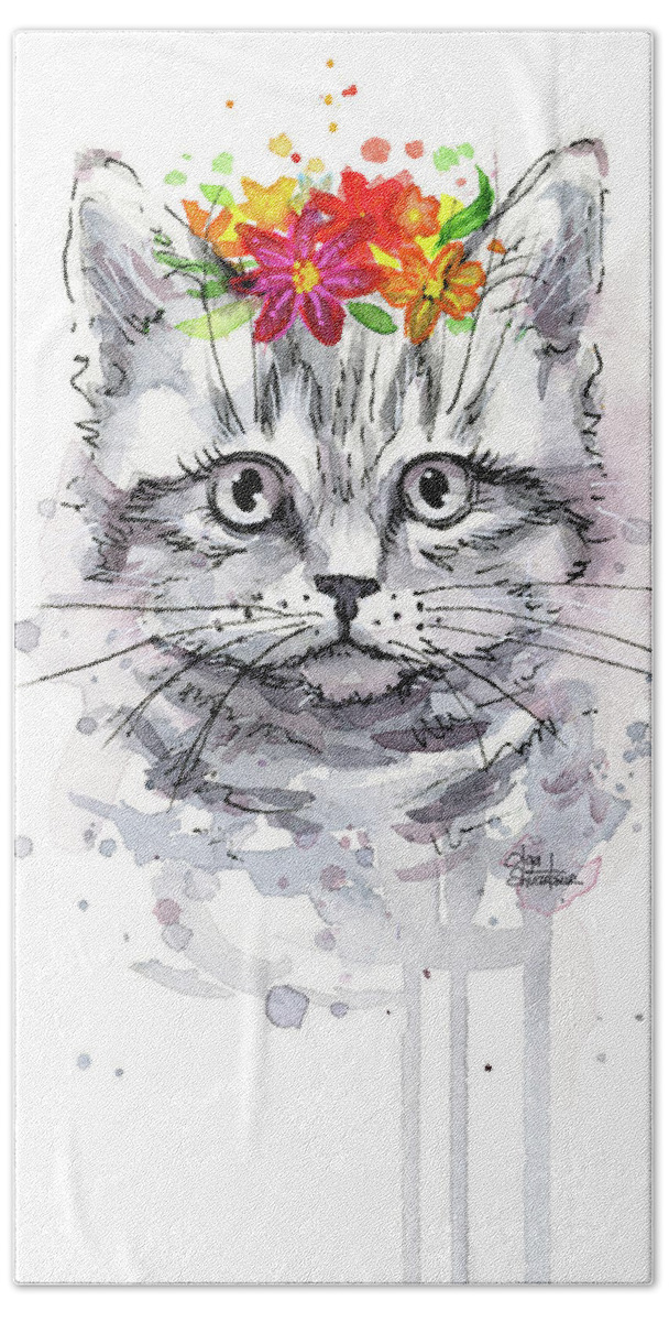 Cat Hand Towel featuring the painting Cat with Flowers by Olga Shvartsur