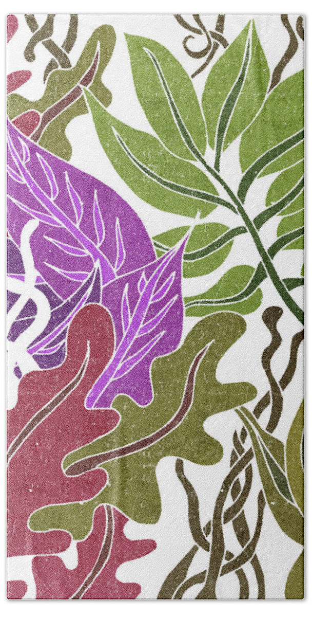 Leaf Bath Towel featuring the mixed media Assortment of Leaves 3 - Exotic Boho Leaf Pattern - Colorful, Modern, Tropical Art - Olive, Violet by Studio Grafiikka