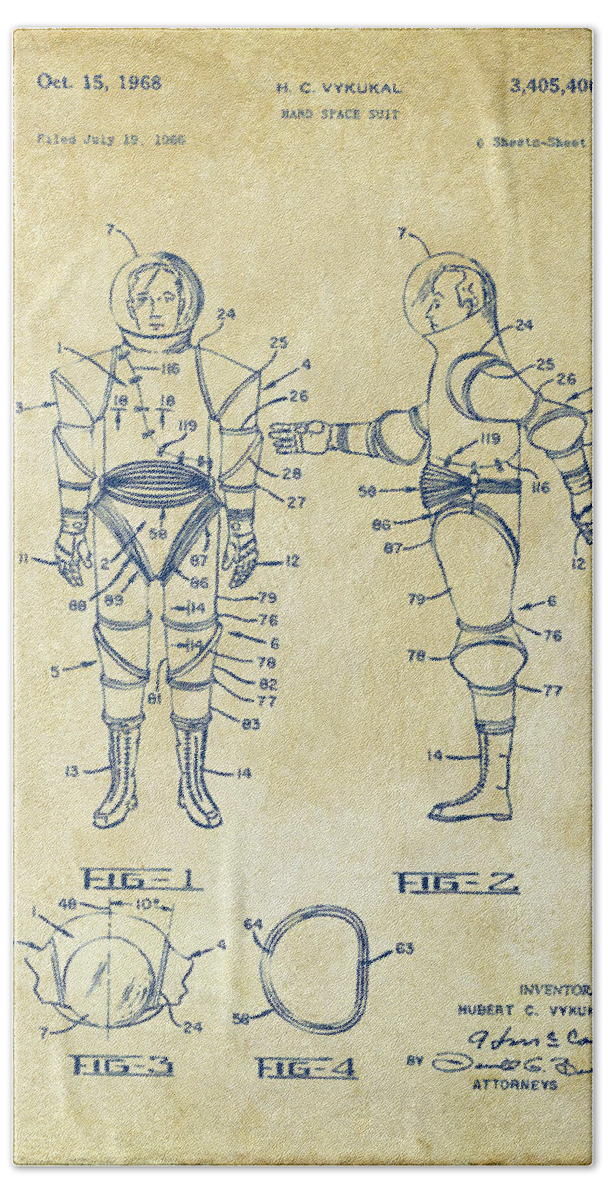 Space Suit Bath Towel featuring the digital art Astronaut Space Suit Patent 1968 - Vintage by Nikki Marie Smith