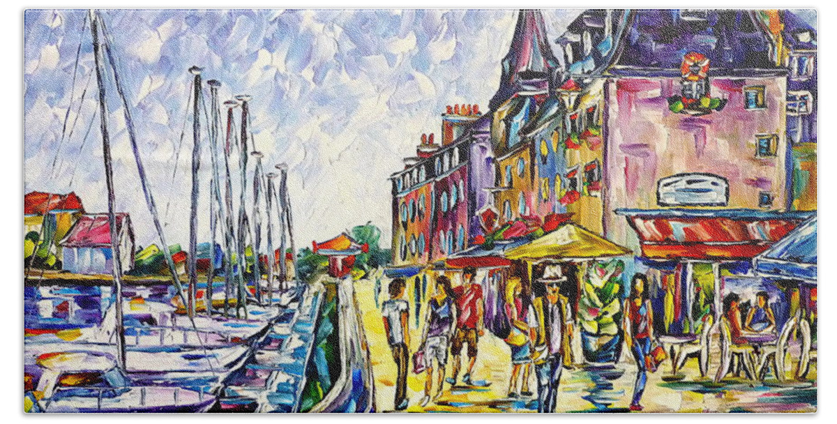 Harbor Painting Bath Towel featuring the painting At The Harbor Of Honfleur by Mirek Kuzniar