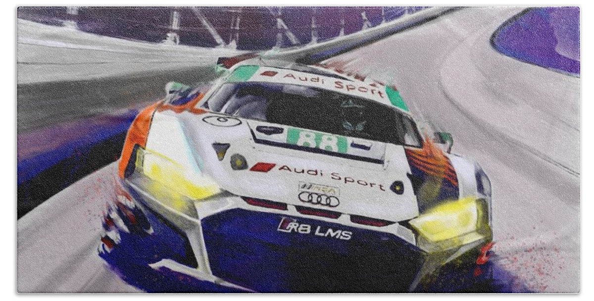 Audi Bath Towel featuring the mixed media Audi R8 LMS Ready for 24 Hrs of Daytona by Shehan Wicks