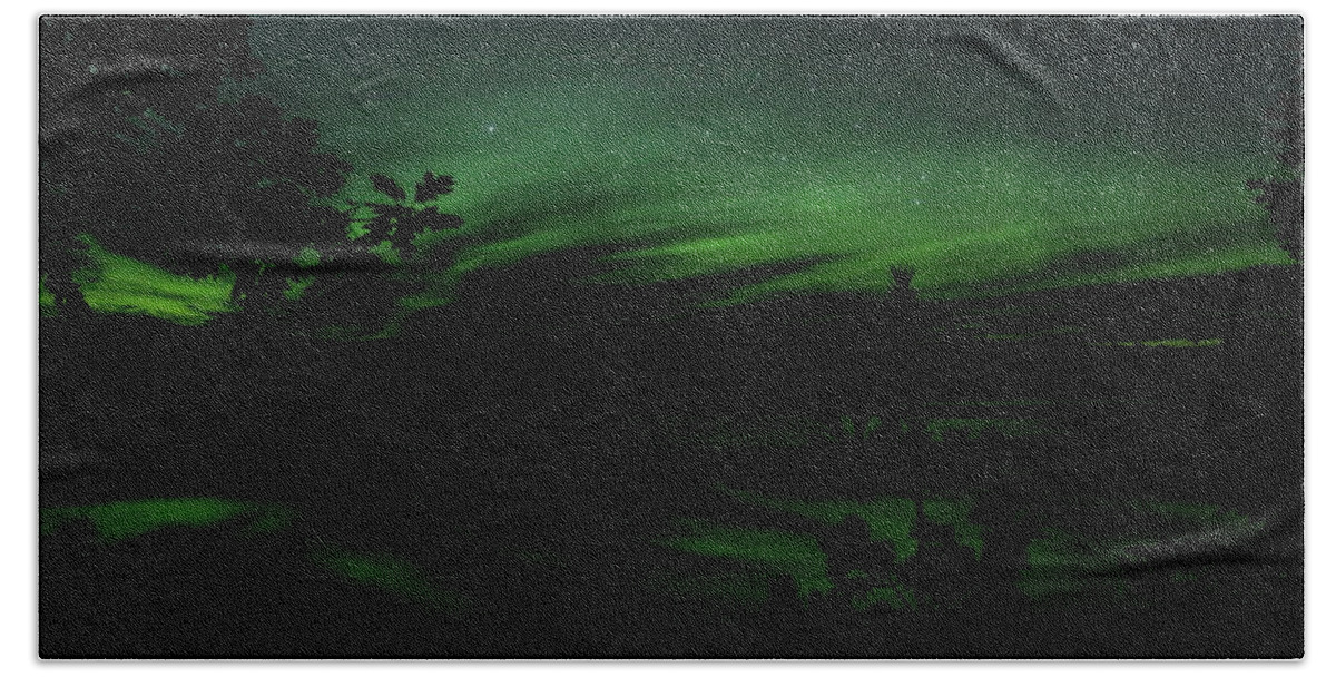 Aurora Borealis Bath Towel featuring the photograph Aurora Behind The Trees by Dale Kauzlaric