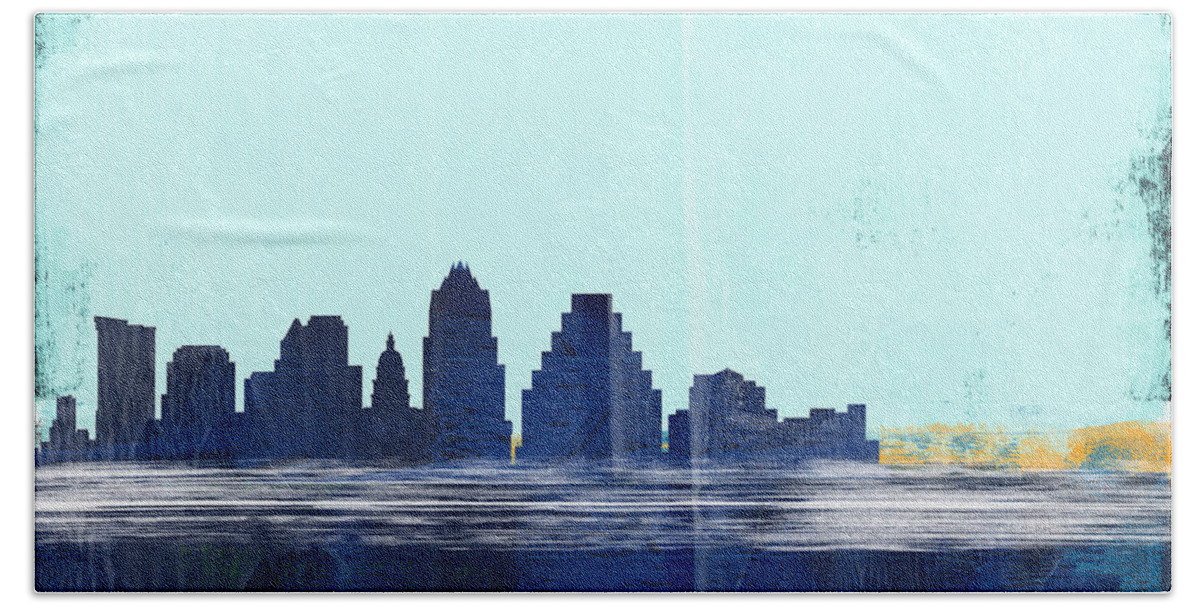 Austin Hand Towel featuring the mixed media Austin Abstract Skyline I by Naxart Studio