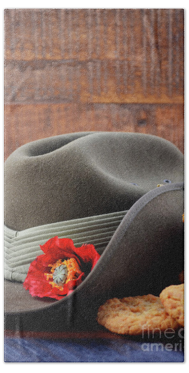 Rustic Bath Towel featuring the photograph Australian Army Slouch Hat and Anzac Biscuits. by Milleflore Images