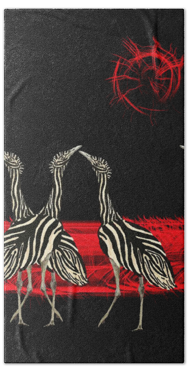 Portrait Bath Towel featuring the mixed media Zebra Australian Bustards Red Sun by Joan Stratton