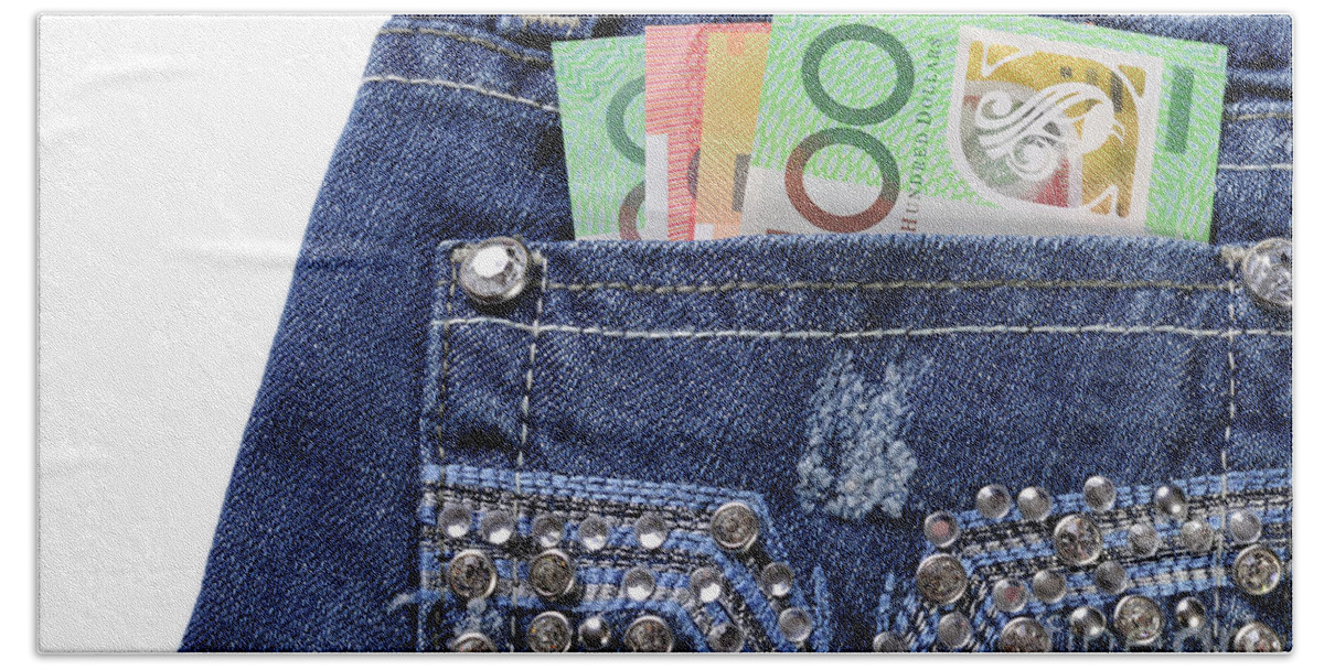 Money Bath Towel featuring the photograph Australian money in back pocket by Milleflore Images
