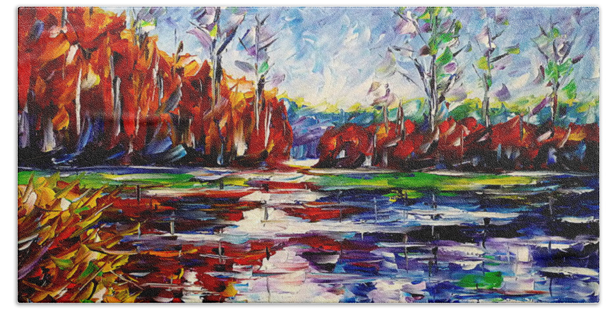 Autumn Lovers Hand Towel featuring the painting Autumn Lake by Mirek Kuzniar