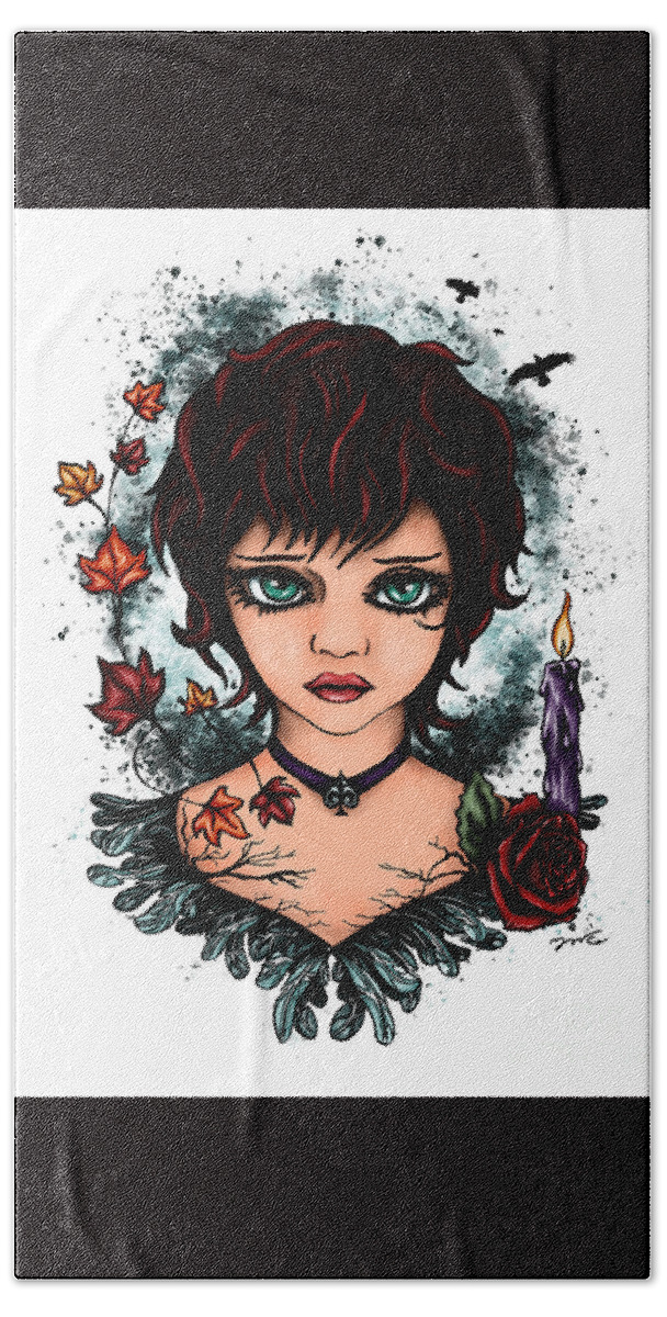 Semi-realistic Portrait Hand Towel featuring the painting Semi-realistic witchy girl portrait, autumn girl by Nadia CHEVREL