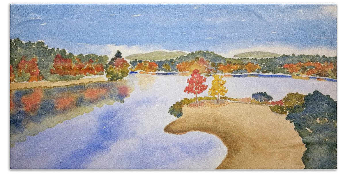 Watercolor Bath Towel featuring the painting Autumn Shore Lore by John Klobucher