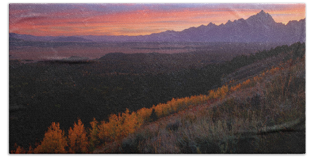 Grand Bath Towel featuring the photograph Autumn sunset over Jackson Hole at Grand Teton National Park by Jetson Nguyen