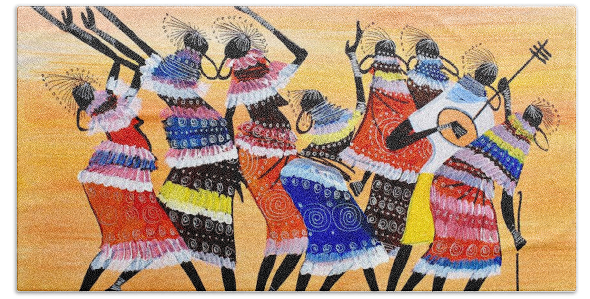 African Art Hand Towel featuring the painting B-404 by Martin Bulinya