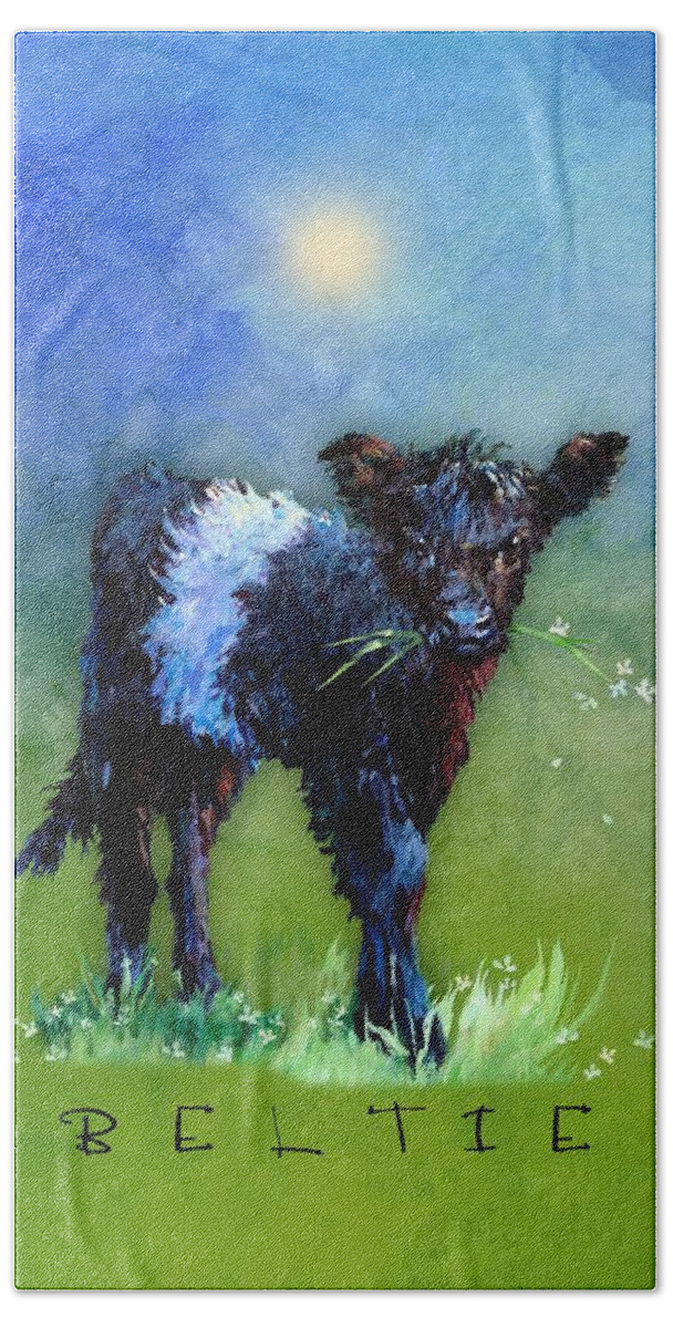 Belted Galloway Bath Towel featuring the mixed media Baby Beltie by L Diane Johnson