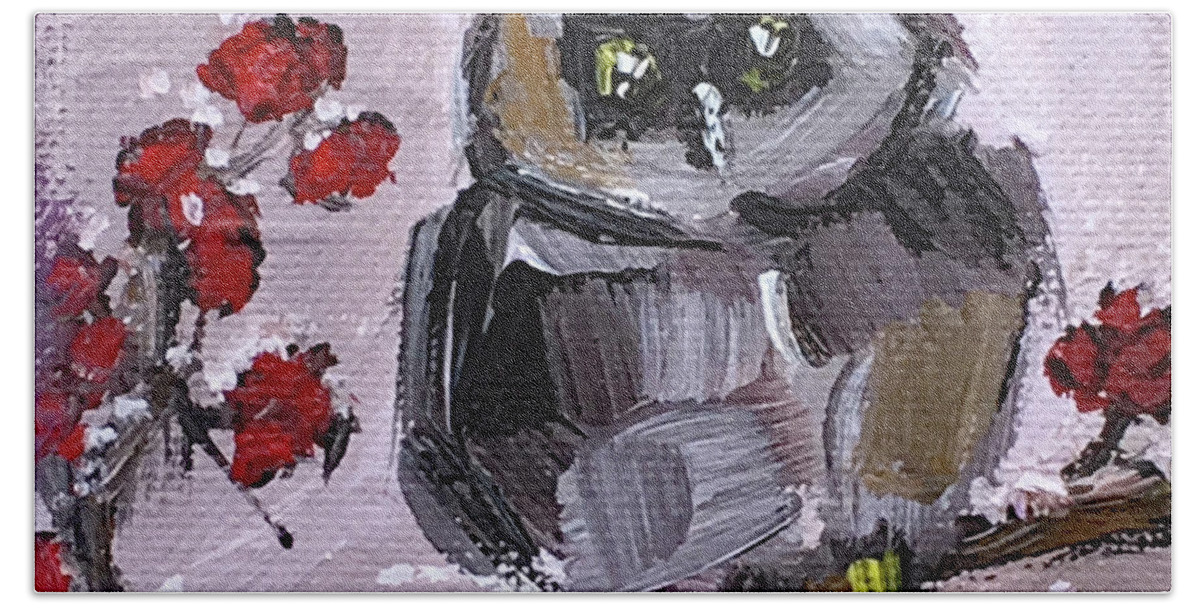 Owl Bath Towel featuring the painting Baby Owl with Berries by Roxy Rich