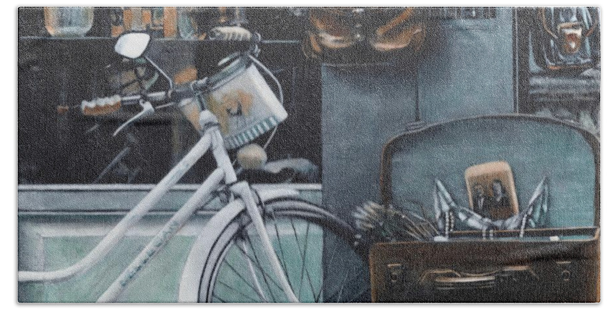 Bicycle Hand Towel featuring the painting Bagging a bargain by John Neeve