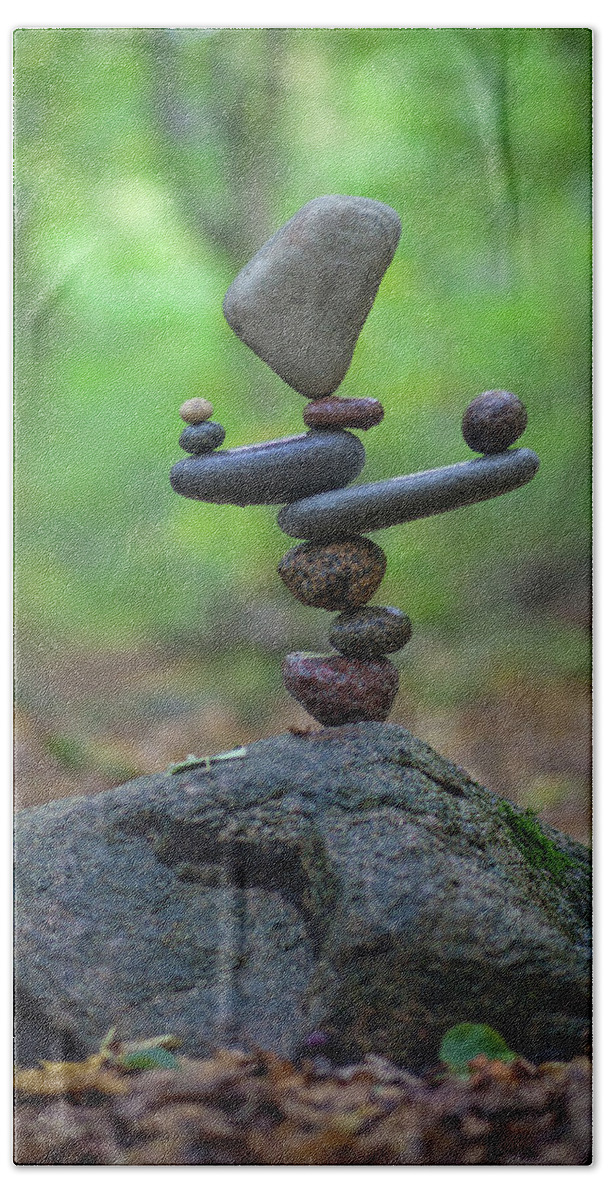 Meditation Zen Yoga Mindfulness Stones Nature Land Art Balancing Sweden Bath Towel featuring the sculpture Balancing art #34 by Pontus Jansson