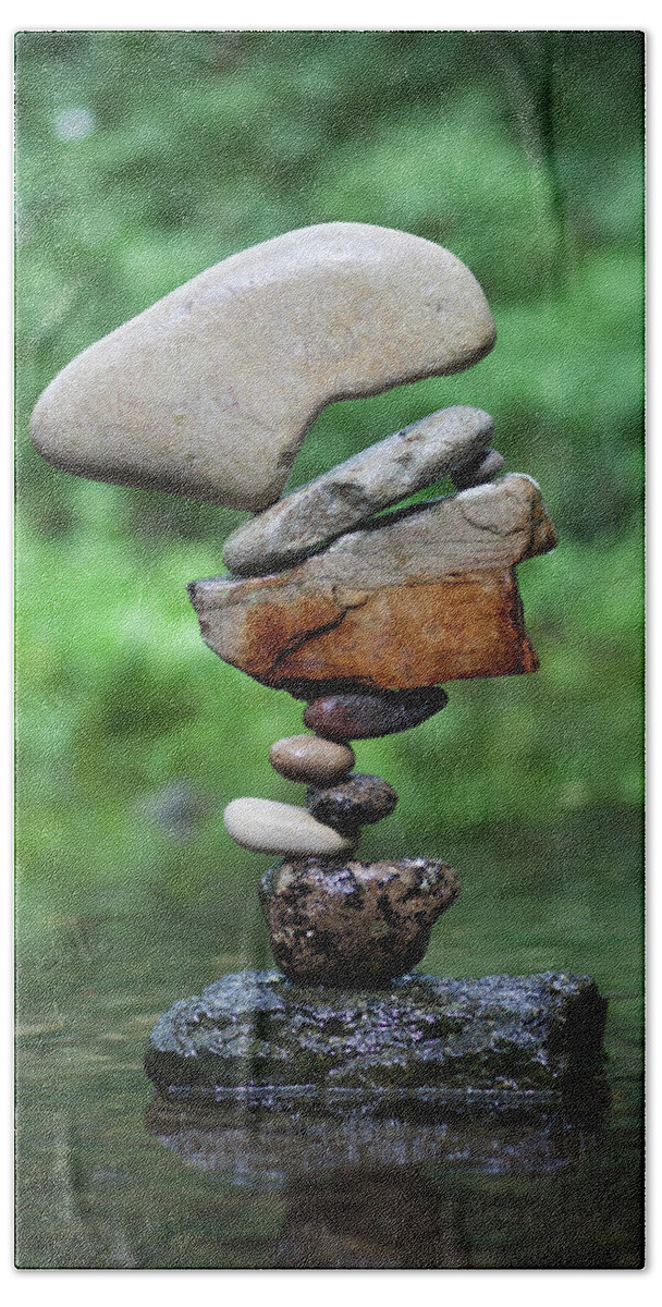 Meditation Zen Yoga Mindfulness Stones Nature Land Art Balancing Sweden Bath Towel featuring the sculpture Balancing art #40 by Pontus Jansson