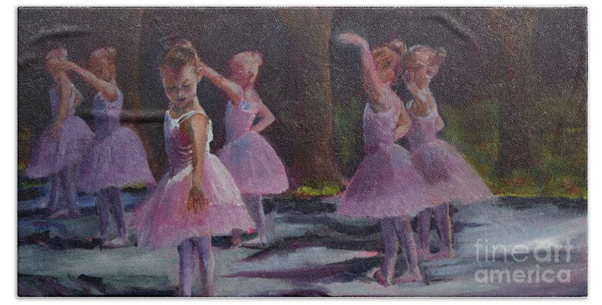 Dancing Bath Towel featuring the painting Ballerinas Under the Trees - Dancing by Jan Dappen