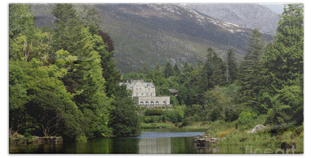 Castle Ireland Connemara Galway River Mountains Fishing Trees Forest Nature Photography Landscape Hand Towel featuring the photograph Ballynahinch Castel by Peter Skelton