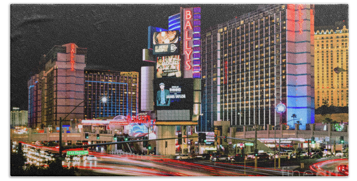 Ballys Hotel And Casino Hand Towel featuring the photograph Ballys Casino at Night by Aloha Art