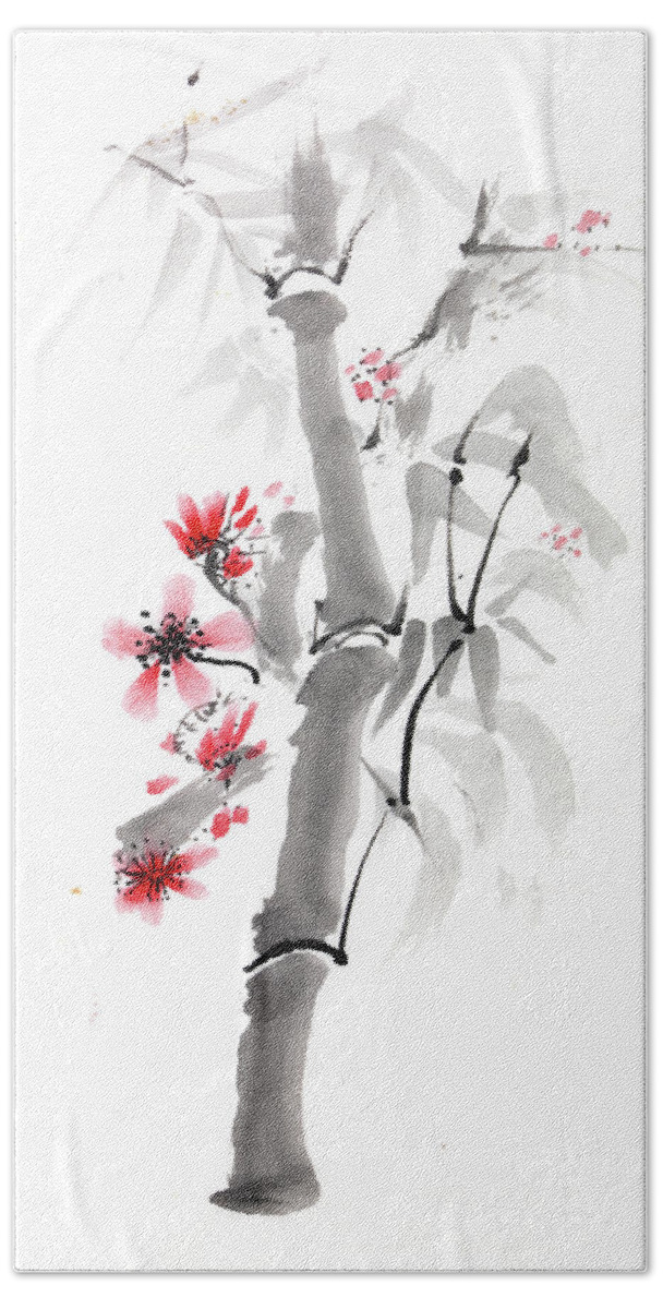 Bamboo Ink Chinese Painting Red Flowers Bath Towel featuring the painting Bamboo by Gloria Newlan