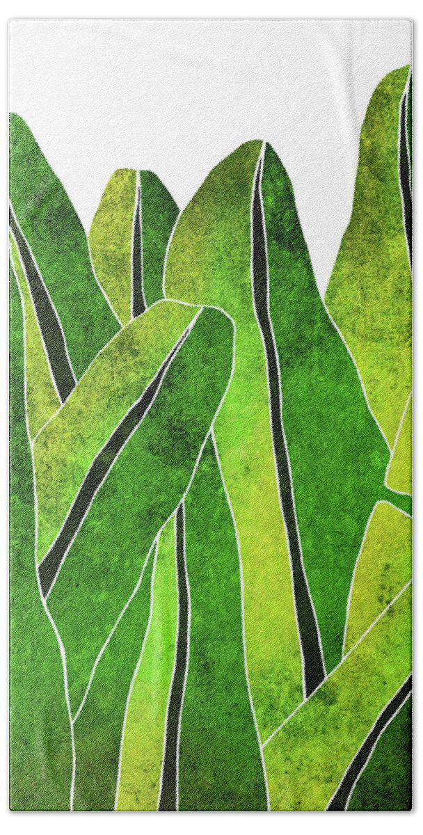 Leaf Hand Towel featuring the mixed media Banana Leaf - Green, Yellow, Olive- Tropical Leaf Print - Botanical Art - Modern Abstract by Studio Grafiikka