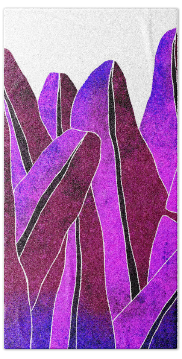 Leaf Hand Towel featuring the mixed media Banana Leaf - Violet, Purple - Tropical Leaf Print - Botanical Art - Abstract - Modern, Minimal by Studio Grafiikka