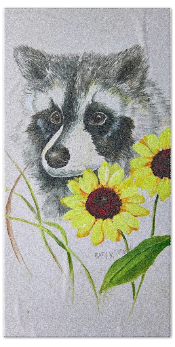 Raccoons Bath Towel featuring the painting Bandit and the Sunflowers by ML McCormick