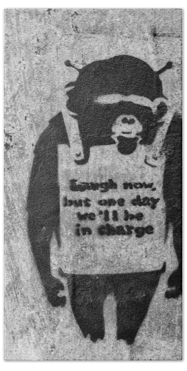 Banksy Hand Towel featuring the photograph Banksy Chimp Laugh Now Graffiti by Gigi Ebert