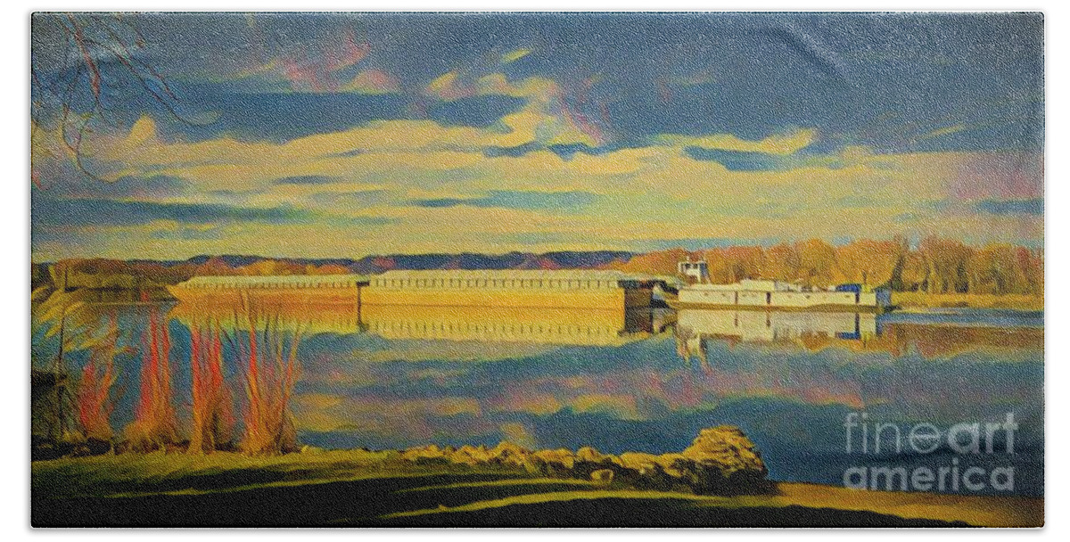 Mississippi River Hand Towel featuring the painting Barge at Sunset by Marilyn Smith