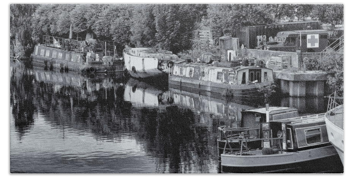 Barge Bath Towel featuring the photograph Barges On The Calder Monochrome by Jeff Townsend