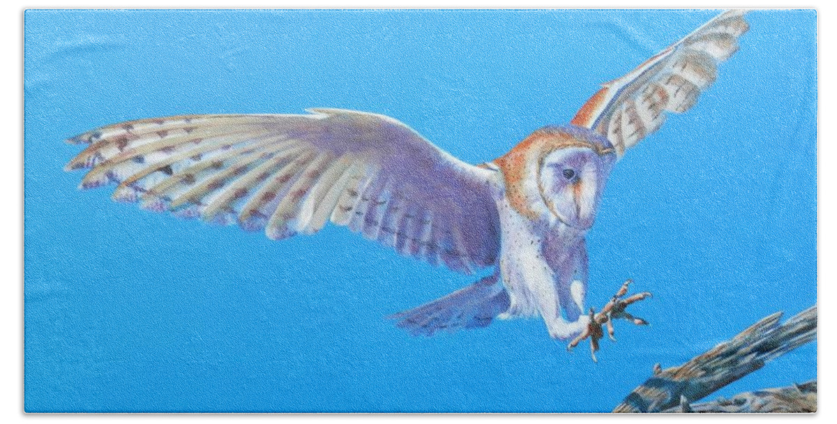 Barn Owl Bath Towel featuring the painting Barn Owl Landing by John Neeve