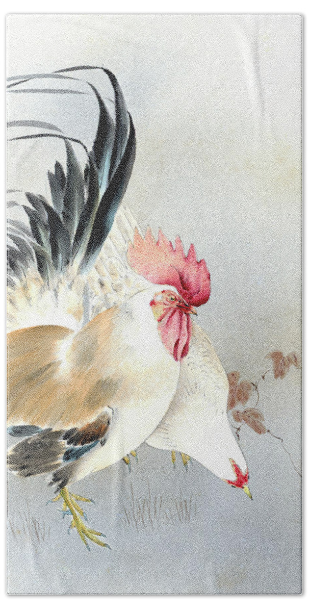 Hotei Bath Towel featuring the painting Barnyard Fowl by Hotei