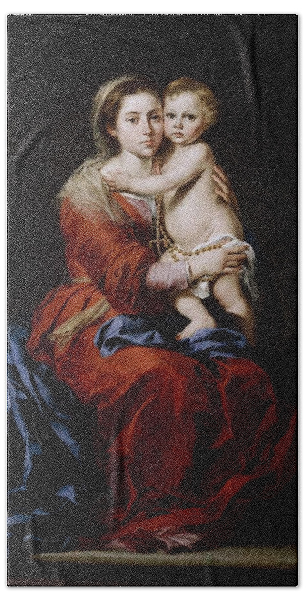Bartolome Esteban Murillo Bath Towel featuring the painting Bartolome Esteban Murillo / 'Our Lady of the Rosary', 1650-1655, Spanish School, Oil on canvas. by Bartolome Esteban Murillo -1611-1682-
